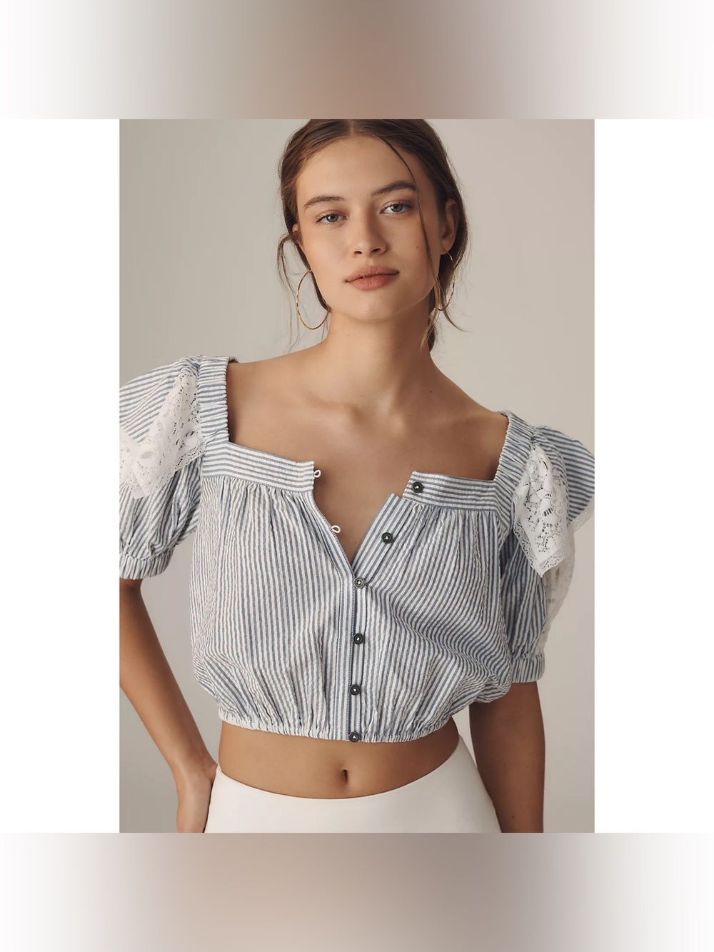 Anthropologie Maeve Ruffled Puff Sleeve Lace Button Front Crop Blouse Shirt Top